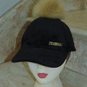bebe Women's Black Velveteen Cap Hat with Beige Pom Pom Ball of Faux Fur on Top